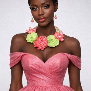 Bold Pink & Green Floral Statement Necklace Set
